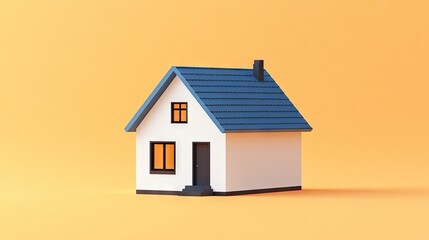 A 3D small house with white walls and a blue roof on a light orange background.
