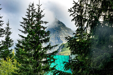 Mountain peak shrouded in mist, framed by evergreen trees and a building with a green roof in the foreground