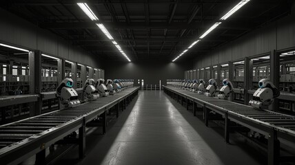 Obraz premium An ultra-modern robotic distribution center for mail and parcels, robots sorting and distribution tasks on conveyor