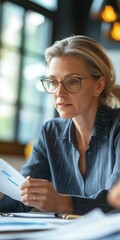 Fototapeta premium A woman wearing glasses is looking at a piece of paper. She is holding a pen and she is reading or writing something. Concept of focus and concentration, as the woman is deeply engaged in her task