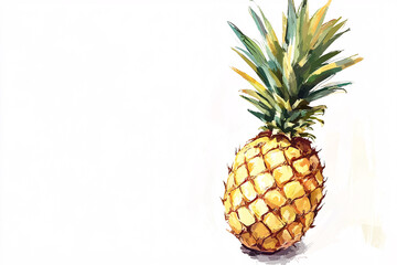 Fototapeta premium Watercolor painting of a pineapple with detailed leaves and a vibrant yellow body, positioned on the left side against a white background