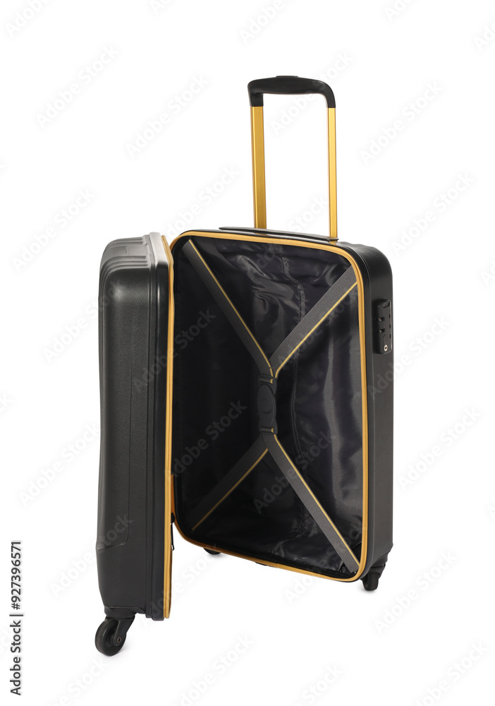 Poster Open empty suitcase for travelling isolated on white