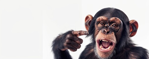 Amused chimpanzee pointing with excitement. Expressive animal behavior in humorous setting.