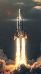 Powerful Rocket Soaring Through the Clouds into the Vast Expanse of the Celestial Frontier
