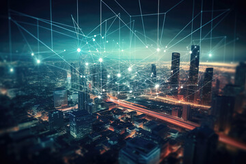 Fototapeta premium Night City With Lights And Connection Routes In The Sky High Speed Internet Technologies