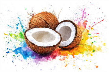 Two coconut halves with one opened to reveal the white flesh surrounded by vibrant paint splashes in various colors creating a lively and artistic composition