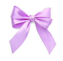 One violet satin bow isolated on white, top view
