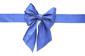 Blue ribbon with bow on white background, top view