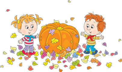 Funny little girl and boy with a large round orange pumpkin among colorful fallen leaves in an autumn garden, vector cartoon illustration isolated on a white background