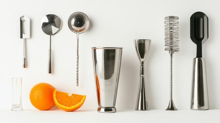 Cocktail tools, including shaker and strainer, on a white background with an orange cocktail. Barman and bartender equipment set. 