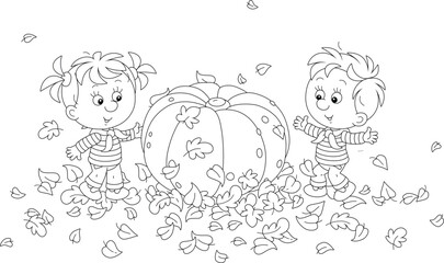Funny little girl and boy with a large round orange pumpkin among fallen leaves in an autumn garden, black and white vector cartoon illustration for a coloring book page