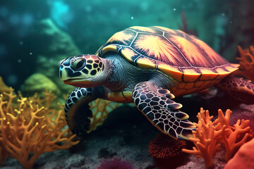 Fototapeta premium Colorful Underwater Turtle Swimming In Tropical Sea