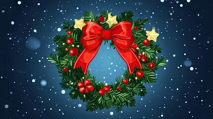 A cartoon Christmas wreath with ribbons on a blue background, room for festive greetings.