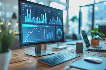 Fototapeta premium Businessmen sit in a meeting and analyze profits with graphs displayed on a screen in the office.