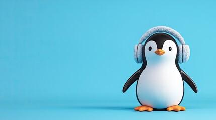 Obraz premium A cartoon penguin with earmuffs on a blue background, with space for Christmas greetings.