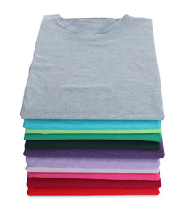 Stack of clean colorful t-shirts isolated on white