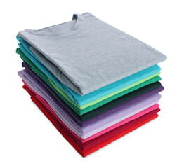 Stack of clean colorful t-shirts isolated on white