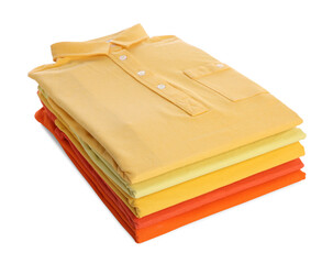 Stack of clean colorful t-shirts isolated on white