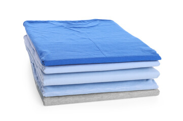 Stack of clean colorful t-shirts isolated on white