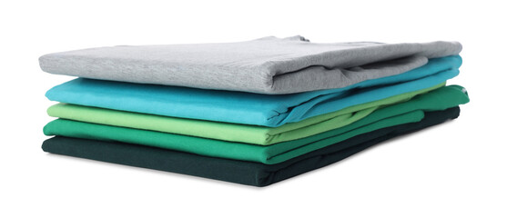 Stack of clean colorful t-shirts isolated on white. Banner design