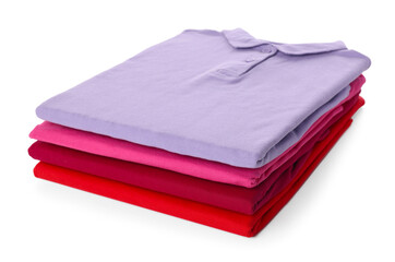 Stack of clean colorful t-shirts isolated on white