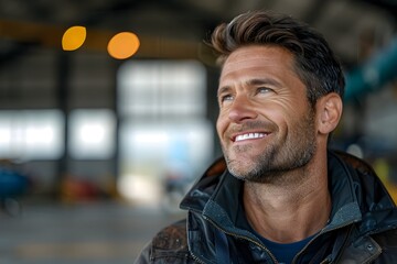 Obraz premium Cheerful Aviator Enjoying Moment in Hangar Setting