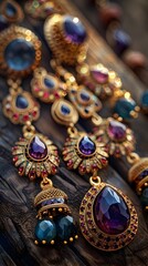 Fototapeta premium Exquisite Indian Jewelry with Vibrant Colors and Intricate Details on Rustic Wooden Surface