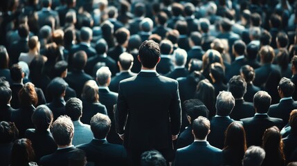 Obraz premium A lone man in a suit stands before a crowd of people.