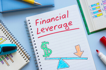 Notebook with the text Financial leverage. Investment strategy concept.