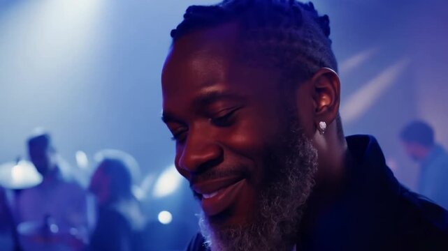 Enthusiastic musician performs in lively venue during vibrant late-night jam session