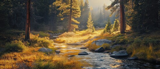 Obraz premium Serene Stream Flowing Through a Misty Forest