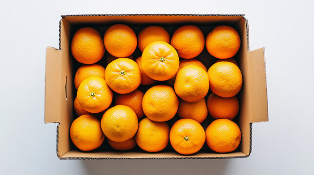 Cardboard box with fresh oranges on white background