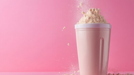 Pink background features shaker and protein powder, highlighting sports nutrition.