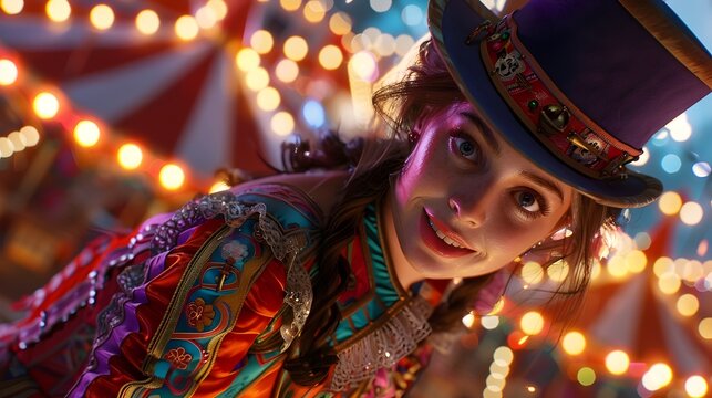 Energetic Circus Performer in Colorful Attire and Top Hat Amid Twinkling Lights Showcasing a Lively Atmosphere of Entertainment and Wonder