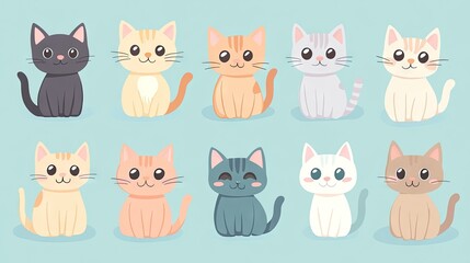 Obraz premium A collection of adorable cats with pastel-colored fur, set against a light blue background, isolated and playful.
