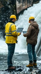 Engineers Monitoring Hydroelectric Plant with Laptops and Tablets