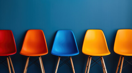 A row of brightly colored chairs lined up against a solid blue wall, creating a vibrant and modern interior design aesthetic.