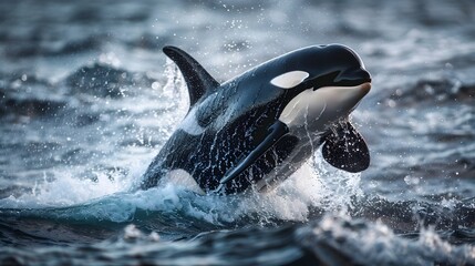 Fototapeta premium Majestic Orca Leaping From Vibrant Ocean With Water Droplets Flying Capturing Moment of Raw Aquatic Energy