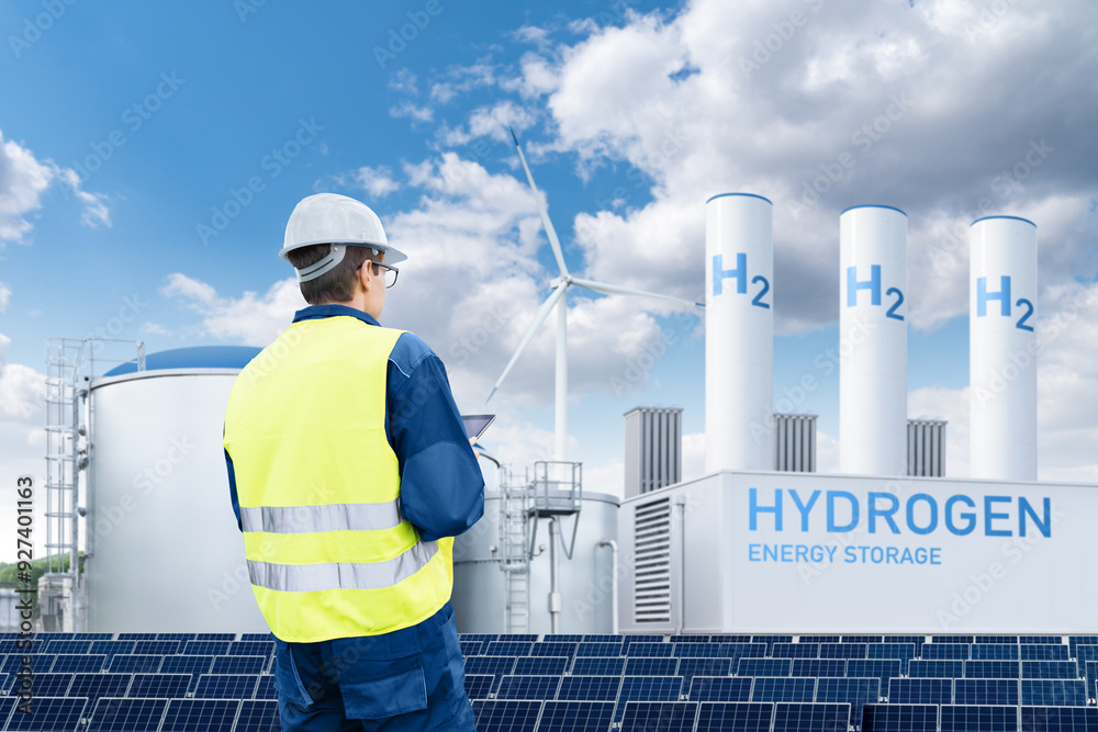 Poster Engineer with tablet computer on a background of Hydrogen factory.