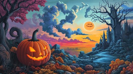 A colorful and eerie Halloween scene with a spooky pumpkin, set in a dramatic landscape.
