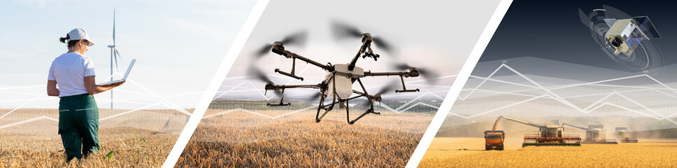 Collage of three parts: farmer with laptop, spraying drone, combine harvesters wit satellite. Smart...
