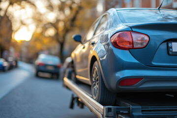 Fototapeta premium Vehicle Repossession - Tow Truck Carrying Improperly Parked Car