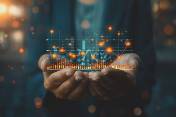 Businessman holding stock market graphic, networking, and data analytics connection, network..