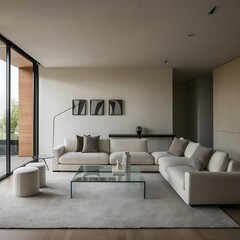 Create a sleek and stylish modern minimalist living room with a neutral color palette, clean lines, and minimal d&eacute;cor. Include a low-profile sofa, a glass coffee table, and a simple area rug