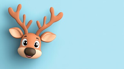 A cute cartoon reindeer peeking from the side on a blue background, with space for text.
