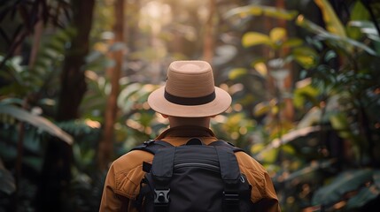 Adventurous Explorer Discovering Lush Green Tropical Forest on Hiking Expedition
