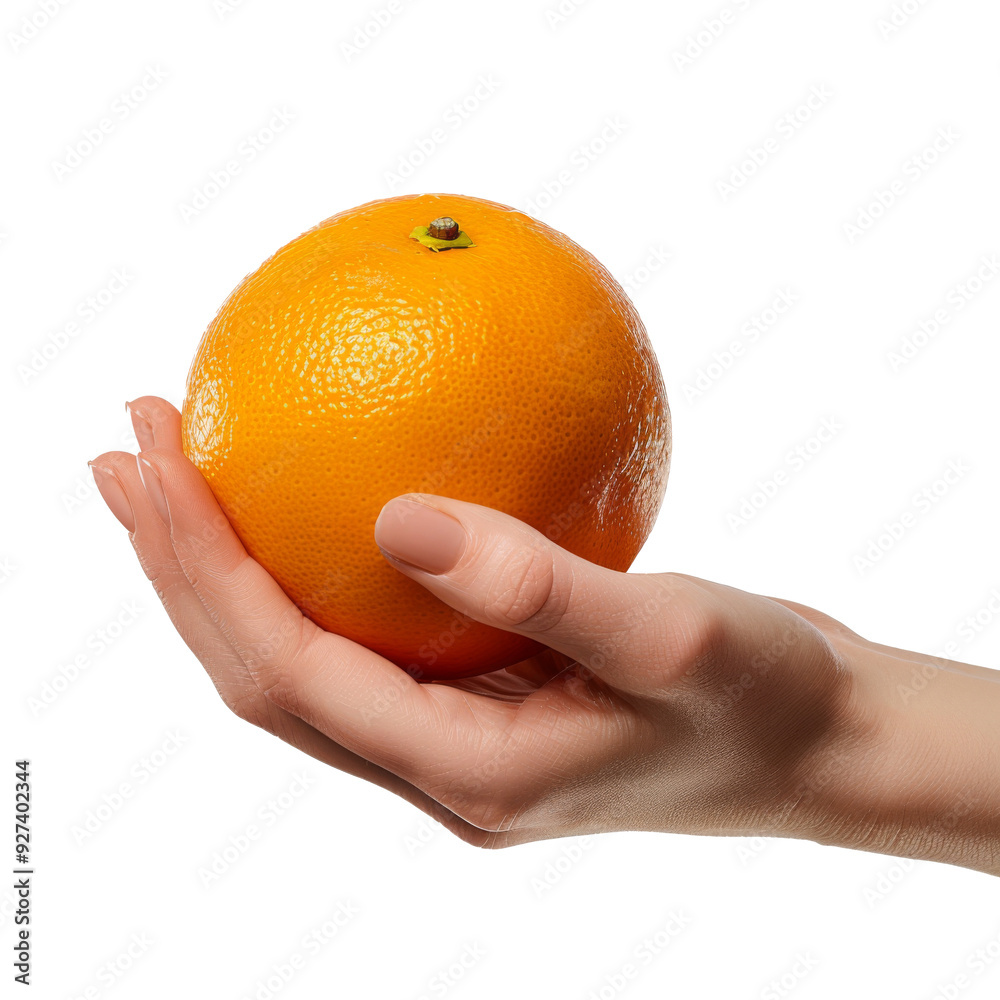 Wall mural hand holding a fresh orange, ideal for food and health concepts