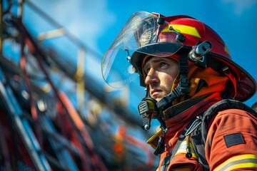 A determined firefighter in full gear stands ready, with fire equipment and a clear sky in the background, showcasing bravery and readiness.