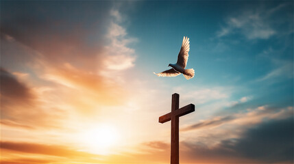 The blue sky, the cross, the pigeon, the pigeon of the Holy Spirit, the grace of the Holy Spirit