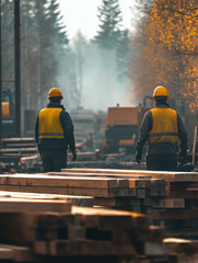 Two men in helmets standing on a construction site. Wooden planks are visible in the foreground and trees with fall leaves in the background
